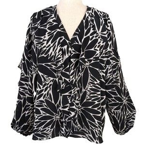 Black Label by Chico's Polyester Chiffon Black White Ruffled Blouse Women's XL
